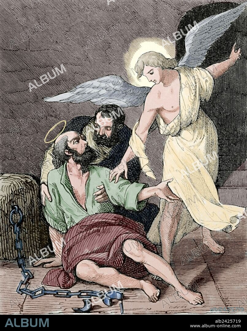 SANTOS MARCELINO y SAN PEDRO. Mártires en Roma año 304, durante la persecución de Diocleciano (primeros años del siglo IV). Grabado coloreado.