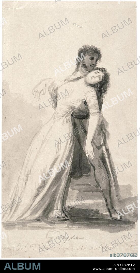 VALENTIN CARDERERA. Valentín Carderera y Solano (Autor de la obra original Goya y Lucientes, Francisco de) / 'Joven desfalleciente en los brazos de un oficial. Álbum A, copia c'. Siglo XIX. Aguada, Tinta china, Lápiz compuesto sobre papel avitelado, 201 x 107 mm.