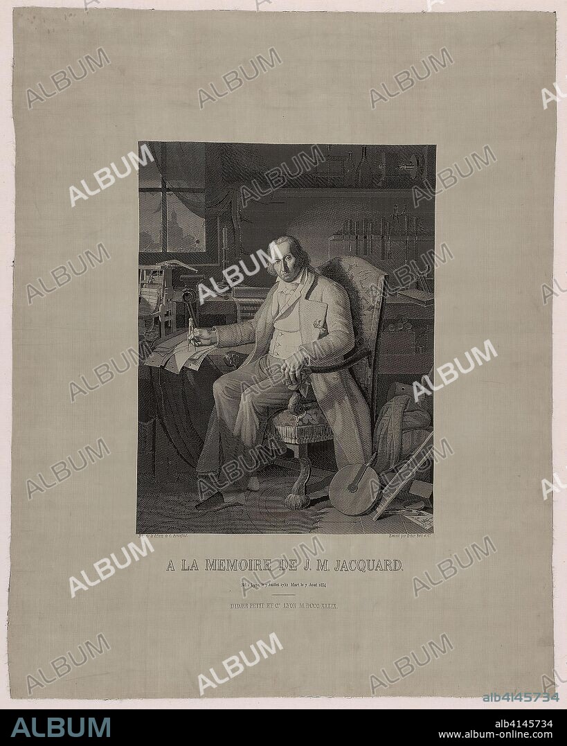 Portrait of Joseph Marie Jacquard (1752-1834). After a painting and engraving by Jean-Claude Bonnefond (French, 1796-1860); Woven by Carquillat (French, 1803-1884); Produced by Didier Petit et Cie; France, Lyon. Date: 1839. Dimensions: 75 x 59.7 cm (29 1/2 x 23 3/8 in.). Silk, plain weave with plain interlacings of secondary binding warps, patterning wefts and self-patterning ground wefts; woven on loom with Jacquard attachment. Origin: Lyon.