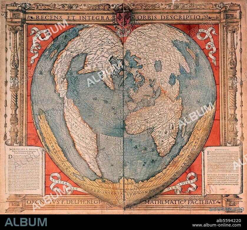 Geography:. Maps / World Maps. "Recens et integra orbis descriptio". World map in heart-shape by Orontius, 1536. Woodcut, coloured, 51 × 57cm. Paris, Bibliothèque Nationale.