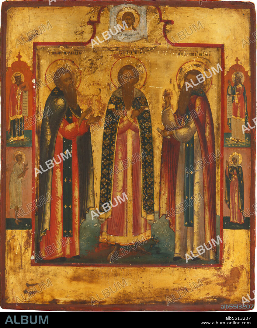RUSSIAN ICON. Saint Andrew of Smolensk (center), Daniel the Pilgrim (right) and the venerable Nicetas of Medikion (left).