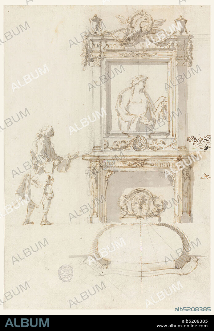 Design for a Fireplace, Antinous Room, Villa Albani, Rome, Italy, Carlo Marchionni, Italian, 17021786, Pen and brown ink, brush and grey, brown wash, graphite on cream laid paper, Surmounted by a central eagle, floral garland, and corner vases, the overmantel, presented as an elevation, contains an antique relief of Antinous. The chimneypiece and fire screen below are decorated by garlands, rosettes, and shells. A man approaches from the left. Below is the plan of the mantelpiece and fireplace., Rome, Italy, 175557, architecture, interiors, Drawing, Drawing.
