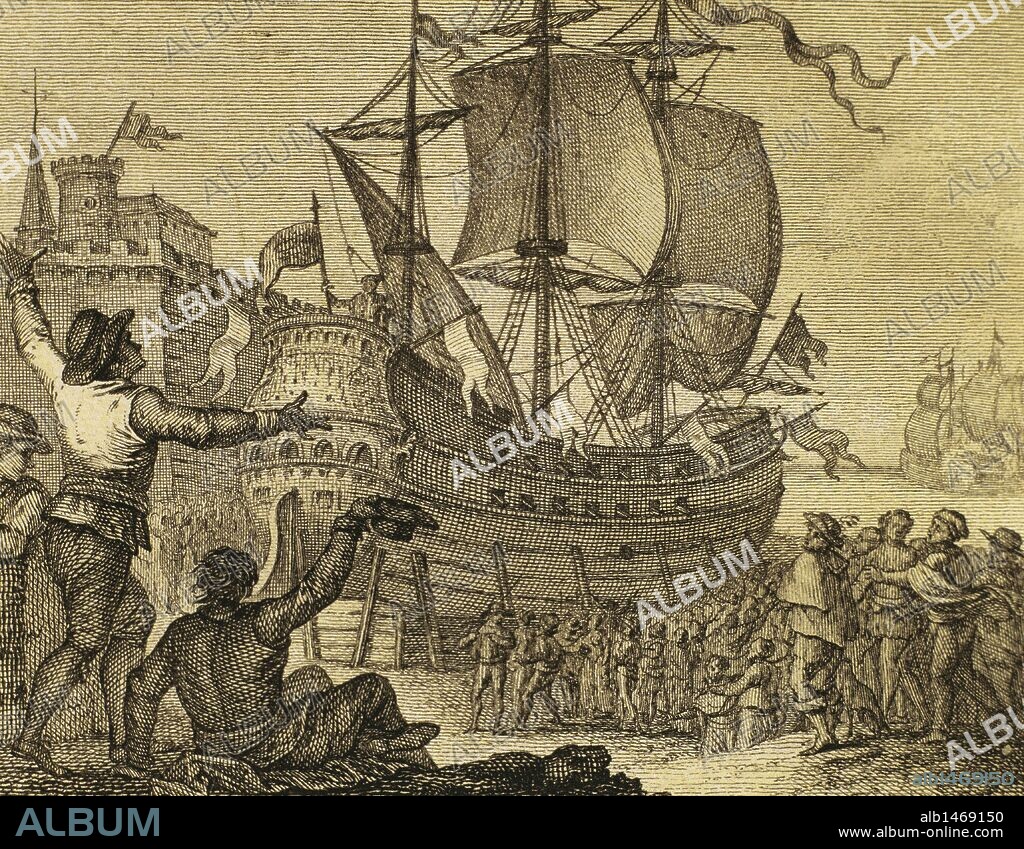 The ship Victoria sited in Seville, Spain, having been around the world. Engraving, 1807.