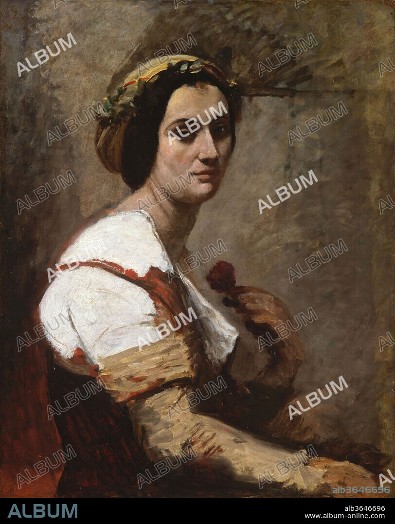 Sibylle. Artist: Camille Corot (French, Paris 1796-1875 Paris). Dimensions: 32 1/4 x 25 1/2 in. (81.9 x 64.8 cm). Date: ca. 1870.
This handsome work ranks as one of Corot's most accomplished efforts at approximating Raphael's High Renaissance style. Its pose closely follows the portrait of Bindo Altoviti (National Gallery of Art, Washington), believed, in Corot's day, to be Raphael's self-portrait, but Corot arrived at this composition incrementally. X-radiographs reveal an earlier state in which the model plays the cello: the left hand held the neck of the instrument and the right hand, slightly raised, held the bow. Corot made several adjustments to these accessories before painting them out altogether, dropping the model's right hand to her lap and inserting a rose or pink in her left hand.