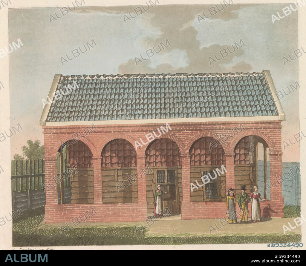 Tsar Peter house at Zaandam, 1824, Het Huisje van Czaar Peter den Grooten in den Jare 1697 te Zaandam inhabited, La Chaumière Habitée par Czar Pierre le Grand à Zaandan en 1697 (title on object), The Tsar Peter house at Zaandam, where Tsar Peter the Great resided in August 1697. With the stone casing from 1820 and some visitors. Part of a plate work from c. 1824-1825 containing 74 (unnumbered) plates of the most important topographical views and various customs in the United Kingdom of the Netherlands., print maker: Willem van Senus (mentioned on object), intermediary draughtsman: Evert Maaskamp (mentioned on object), print maker: Netherlands, publisher: Amsterdam, 1824 - 1825, paper, etching, height 192 mm × width 228 mm.
