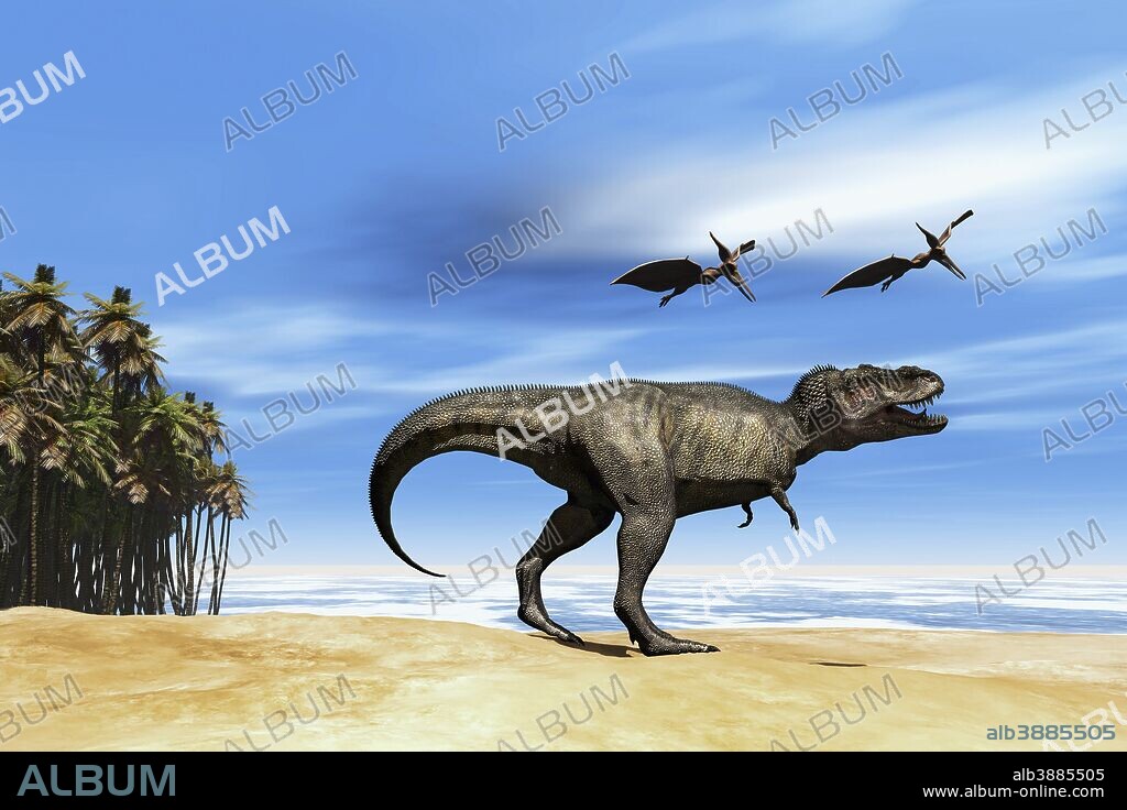 Two Pterodactyl flying dinosaurs fly over beastly Tyrannosaurus Rex at the seashore in prehistoric times.