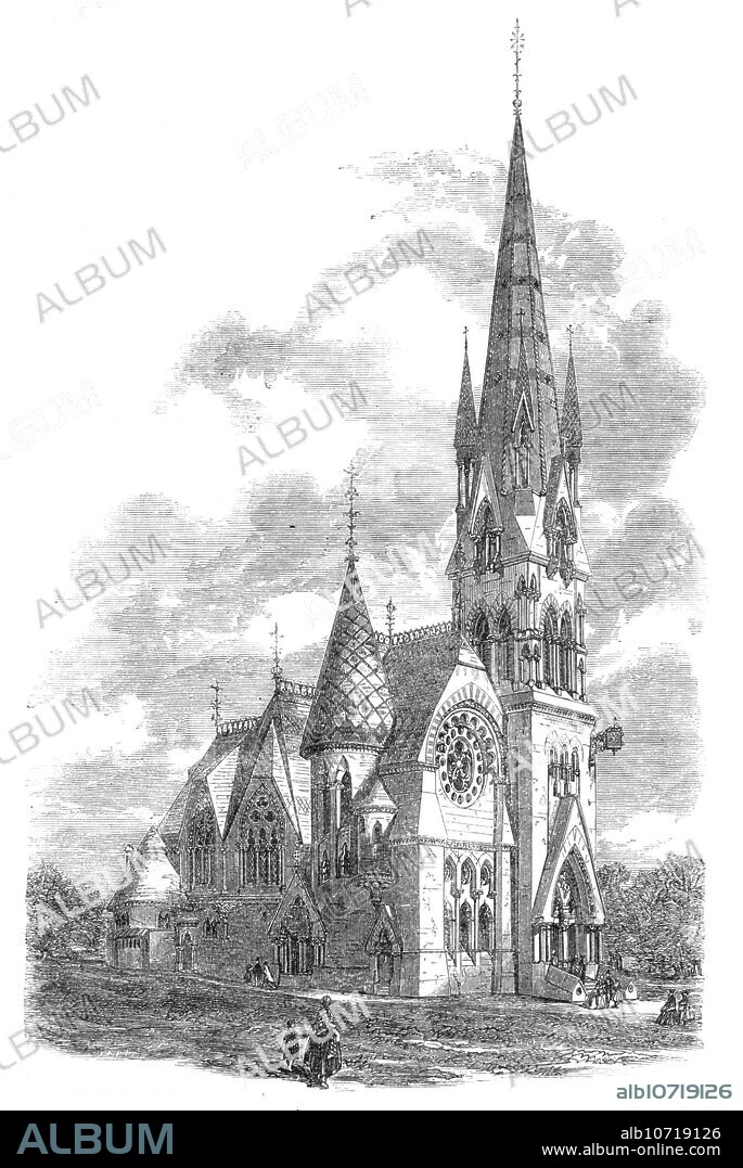 Miss Barclay's Free Church, Edinburgh, 1864. New church in Leven Street, Edinburgh, designed by Frederick Thomas Pilkington and built mainly from a bequest left by Miss Mary Barclay. From "Illustrated London News", 1864.
