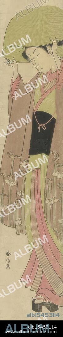 Japan, Harunobu, Suzuki, Straw hat, verso - stamped, Girl in kimono with pattern of origami cranes and stylized waves, putting on a straw hat., print, engraving, prints, engravings, Japan (collection), height 698 mm, width 117 mm, Japanese, 1725 - 1770, print maker, prentmaker, 1765 - 1770, third quarter 18th century, paper, colour woodcut.
