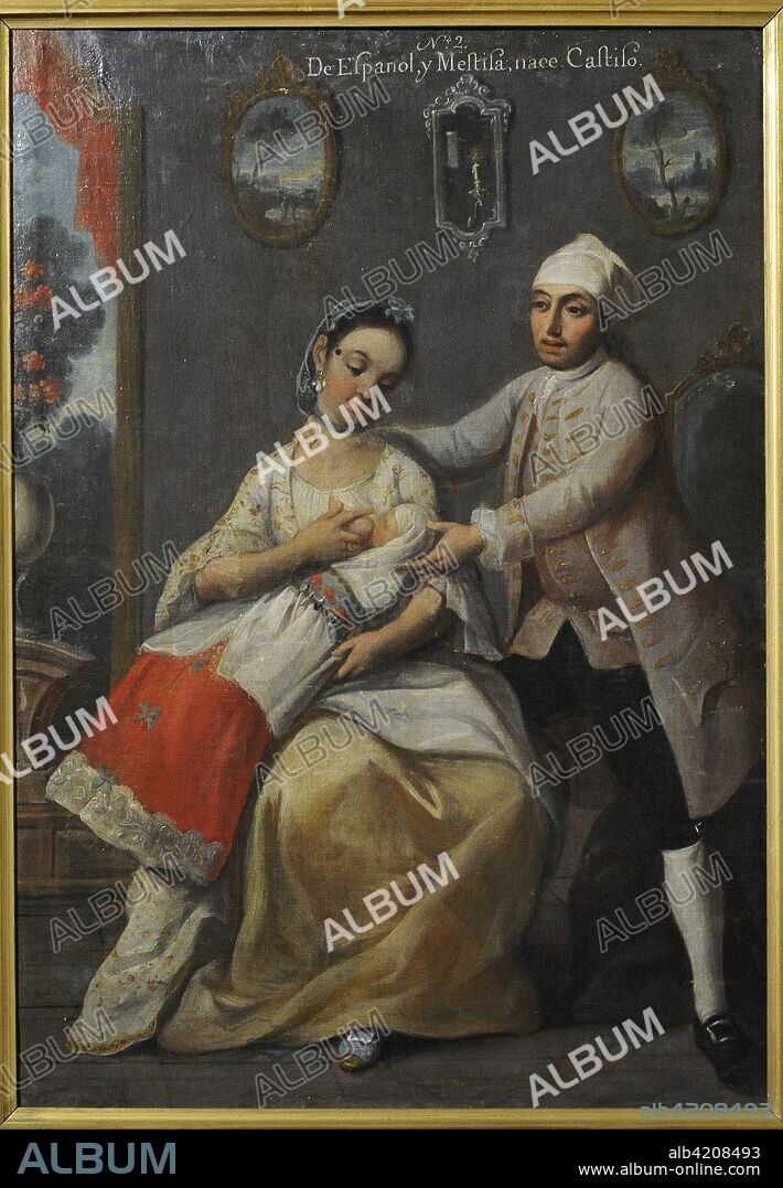 Título: Castas; De español y mestiza, castizo. Autor: Andrés de Islas (siglo XVIII). Pintura sobre lienzo. Grado de mestizaje entre indígenas, europeos y africanos. Género" Pintura de Castas". Virreinato de la Nueva España. Escuela Mexicana. México. 1774. Museo de América. Madrid. España.