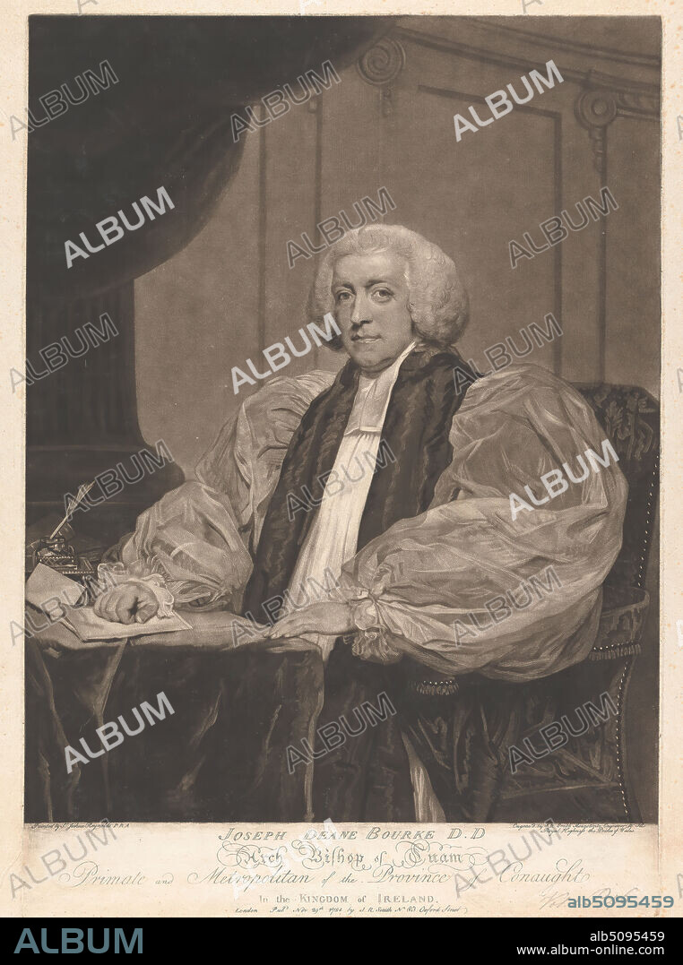 Joseph Deane Bourke, 3rd Earl of Mayo, John Raphael Smith, 17521812, British, after Sir Joshua Reynolds RA, 17231792, British, 1784, Mezzotint on medium, moderately textured, beige, laid paper, Sheet: 20 9/16 × 15 11/16 inches (52.2 × 39.8 cm), Plate: 19 7/8 × 14 1/16 inches (50.5 × 35.7 cm), and Image: 17 13/16 × 13 15/16 inches (45.2 × 35.4 cm), chair, column (architectural element), earl, ink, man, papers, portrait, quill, religious and mythological subject, tippet, wig.