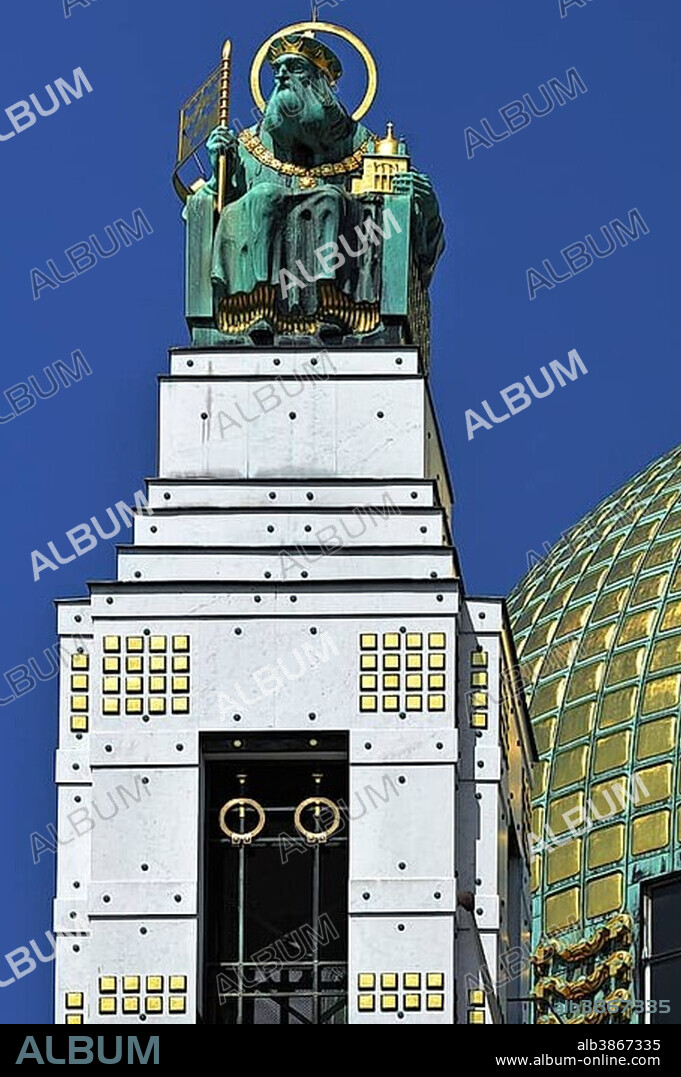 Statue of St. Leopold beside the dome of the Church of St. Leopold at Steinhof Psychiatric Hospital, built 1904-1907, designed by Otto Wagner, important building of the Viennesse Art Nouveau, Vienna, Vienna State, Austria, Europe.
