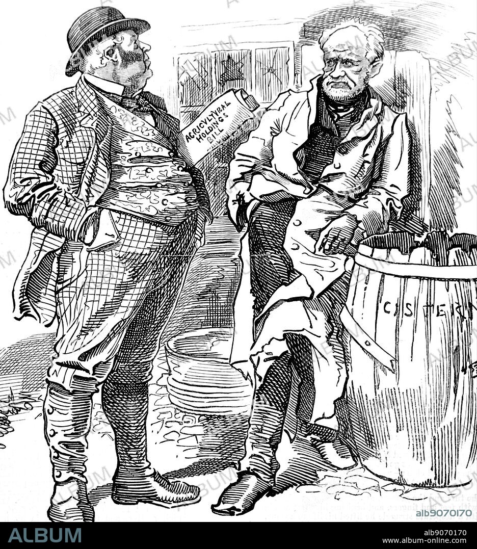 Cartoon depicting a miserable dweller in an urban slum. Dated 19th Century.
