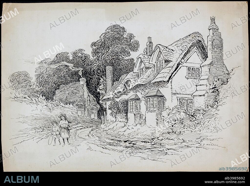 Welford-on-Avon, Warwickshire, 1892-1933. Two children walking past The Cottage on Boat Lane, with Boat Cottage in the background.