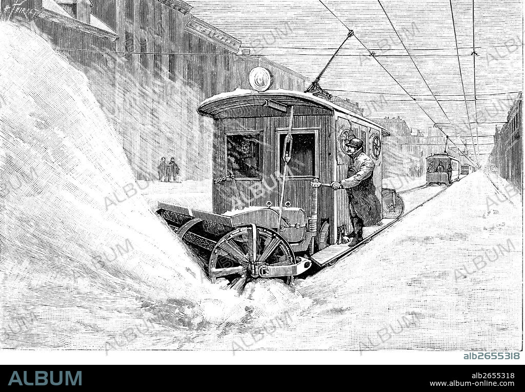 Tren-tranvia quitanieves, limpiando las calles de la ciudad de Minnesota, en el año 1893. Grabado de época.