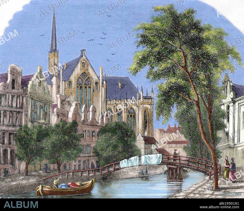 HISTORIA DE HOLANDA. SIGLO XIX. AMSTERDAM. Vista de la IGLESIA DE NIEUWEKERKE. Grabado coloreado de "Semanario Familiar Pintoresco", año 1876.