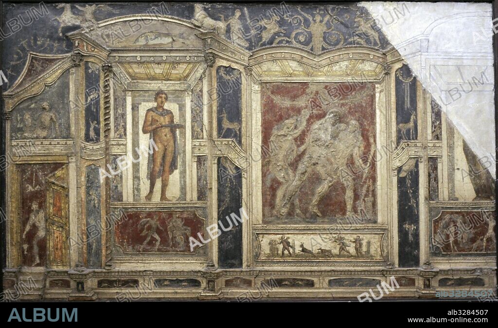 Fresco romano. Pintura pompeyana. Tercer Estilo o Ornamental (30 a. C. -60 d. C). Detalles ornamentales de edificios junto con cuadros que narran temas mitológicos. Museo Arqueológico Nacional. Nápoles. Italia.