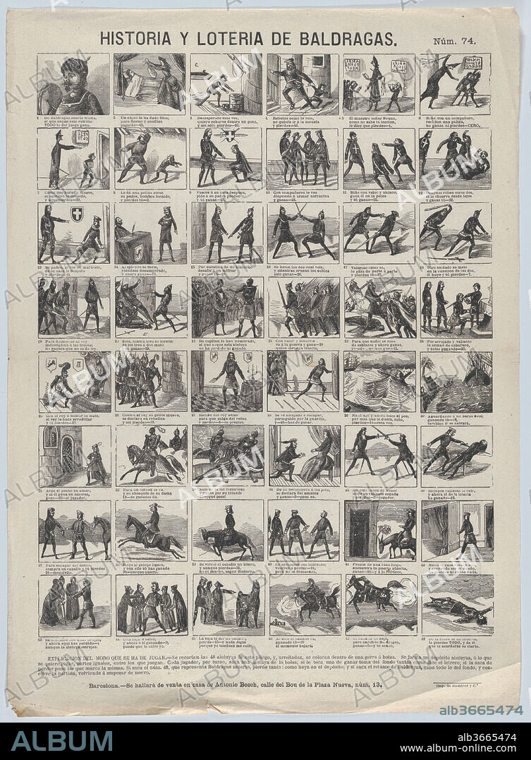 Game of the lottery of the man weak in character (Baldragas). Dimensions: Sheet: 17 5/16 × 12 5/8 in. (44 × 32 cm). Printer: Narciso Ramirez (Spanish, active Barcelona ca. 1860s). Publisher: Antonio Bosch (Spanish, active Barcelona, ca. 1860-1880). Date: ca. 1860-70.