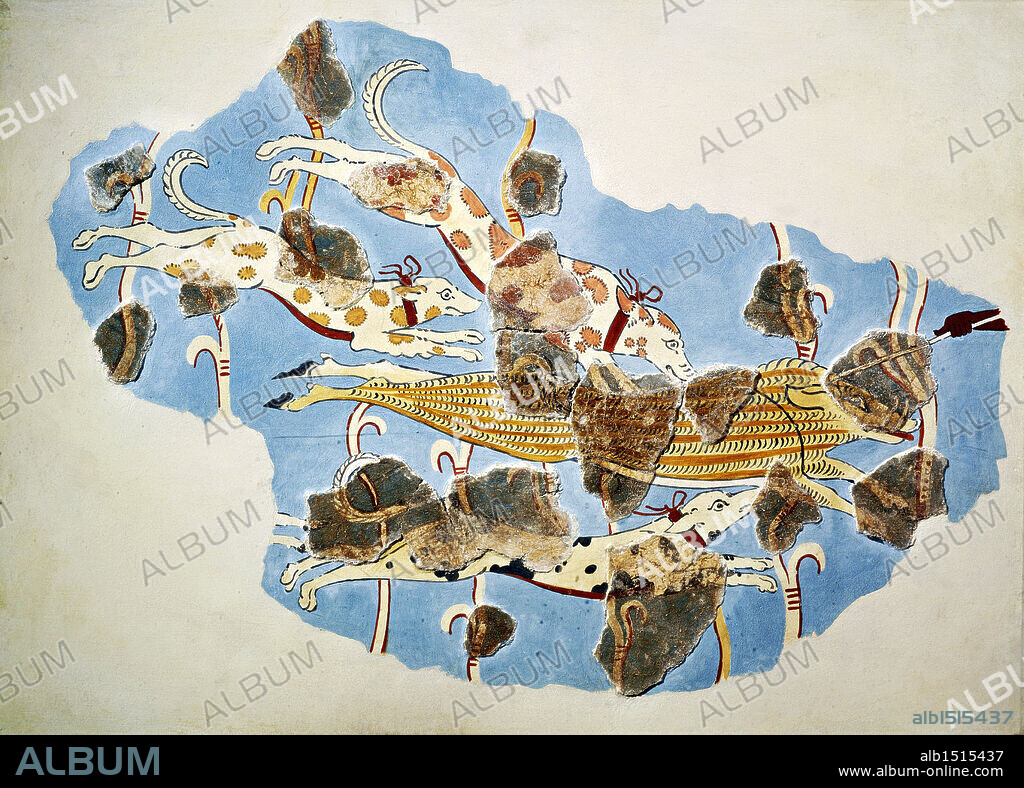 Greek-Mycenaean civilization, 12th century b.C. Fresco depicting a hunting scene. From Tiryns, Greece.