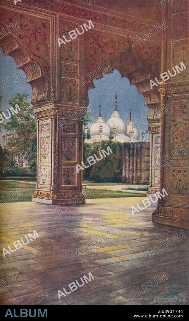 'Delhi. Known as the Fort, the Mogul Palace was built by Shah Jehan. Here the Moti Masjid is seen from the Diwan-I-Khas', c1930s. From Geographical Magazine, Volume 3.