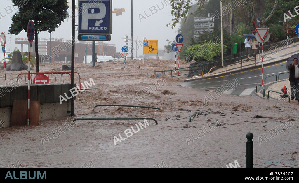 The aftermath of the extreme weather event of February 20, 2010 in Madeira, Portugal. 42 people were killed on the island as a result of flooding and landslides. In the city of Funchal, depicted here, more than 4 inches of rain dropped in a 5-hour period, causing rivers to overflow, the flood sweeping away cars and trees.