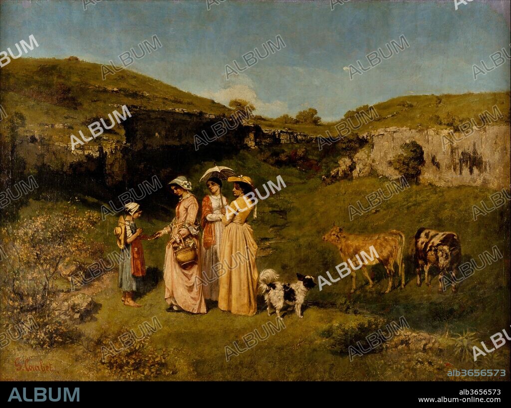 Young Ladies of the Village. Artist: Gustave Courbet (French, Ornans 1819-1877 La Tour-de-Peilz). Dimensions: 76 3/4 x 102 3/4 in. (194.9 x 261 cm). Date: 1851-52.
This painting, which initiated a series of pictures devoted to the lives of women, shows Courbet's three sisters--Zélie, Juliette, and Zoé--strolling in the Communal, a small valley near his native village of Ornans. One of the girls offers alms to a young cowherd. Courbet had high hopes for the work, but when it was exhibited at the Salon of 1852, critics attacked it as tasteless and clumsy. They reviled the models' common features and countrified costumes, the "ridiculous" little dog and cattle, and the overall lack of unity, including traditional perspective and scale.