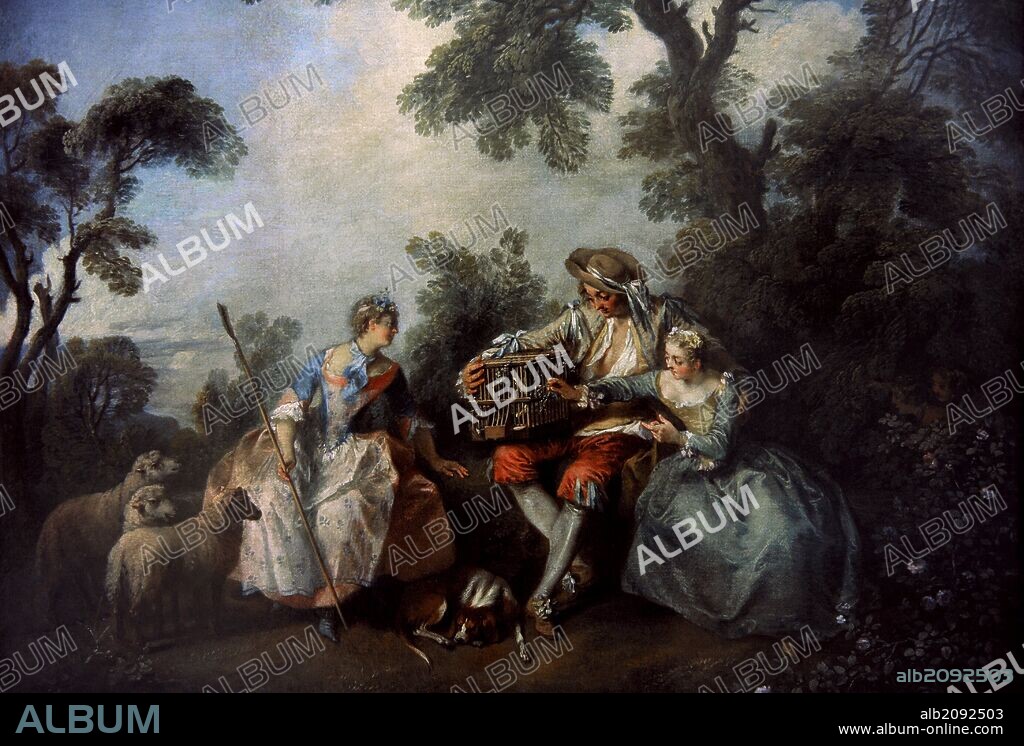 ARTE ROCOCO. FRANCIA. Nicolas Lancret (1690-1743). Pintor francés de estilo rococó. "La jaula de grillos", hacia 1735. Alte Pinakothek. Munich. Alemania.