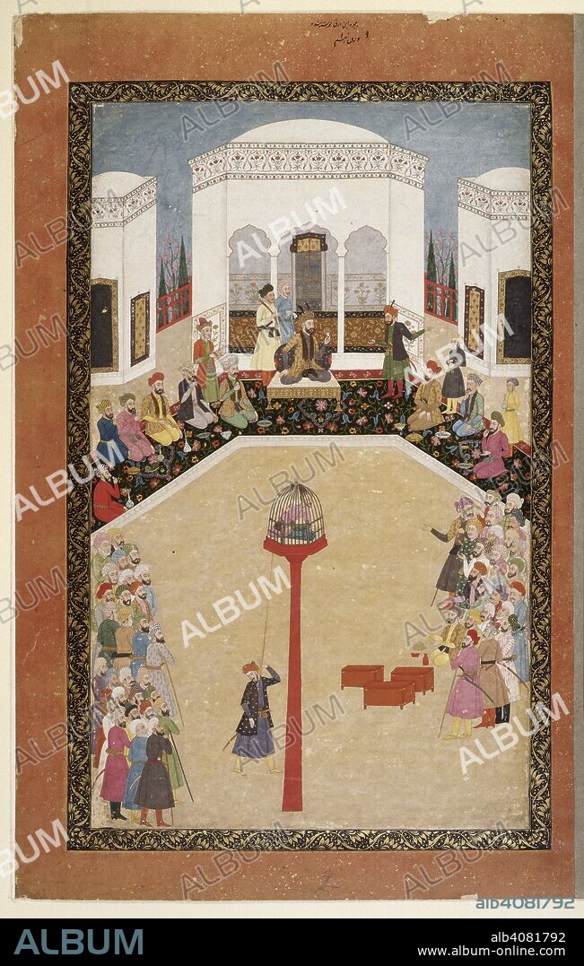 ANON. The Ottoman Sultan Bayazid in a cage at Timur's court- the capture of Sultan Bayazid I of Turkey. The Sultan is confined within a cage upon a pillar above the emperor Timur and his court. Timur is seated on a throne raising a wine-cup, and his ministers kneel on either side. Two groups of courtiers are on the left and right of Bayazidâ€™s cage, those on the right with three coffers and gold coins. Bayazid defecates upon one of the courtiers who has stepped from the left group. Johnson Collection. c.1680. Opaque watercolour. Source: J.1,2.