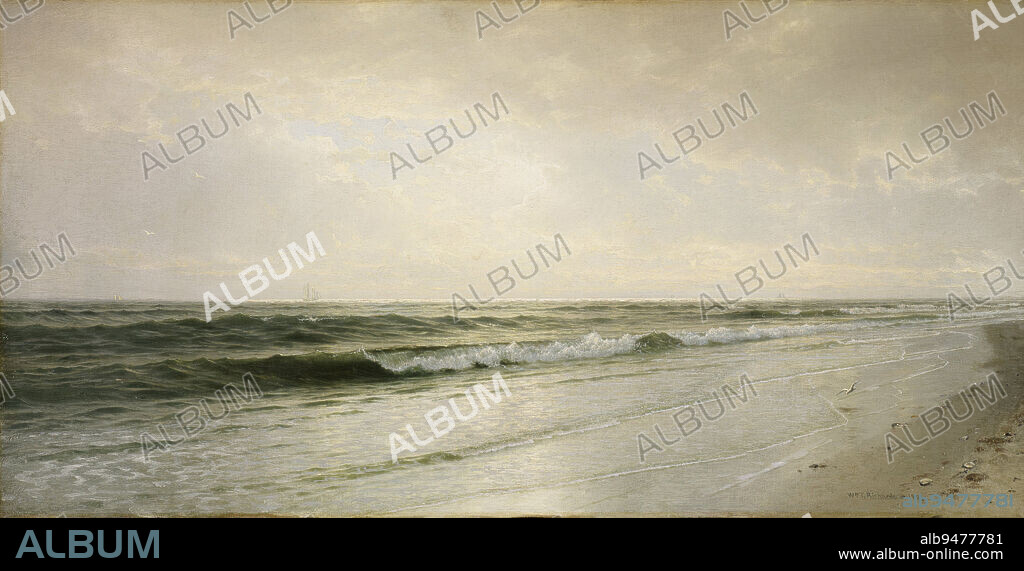Quiet Seascape, 1883, William Trost Richards, American, 1833 - 1905, 20 1/8 x 40 in. (51.12 x 101.6 cm) (canvas)30 1/2 x 50 1/2 x 4 1/2 in. (77.47 x 128.27 x 11.43 cm) (outer frame), Oil on canvas, United States, 19th century, William Trost Richards was intensely interested in waves. To study them, he waded into the water or spent hours at a time observing them from the beach. The result was maritime paintings of startling, almost photographic, realism. Richards, who was born in Philadelphia, spent his summers in Rhode Island and later traveled through Great Britain, France, and Norway seeking dramatic coastlines. This seascape may show a beach on the island of Jersey, in the English Channel.
