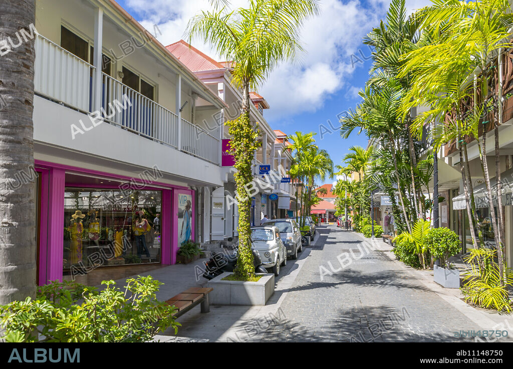 View of shops and buildings in town, Gustavia, St. Barthelemy (St. Barts) (St. Barth), West Indies, Caribbean, Central America.