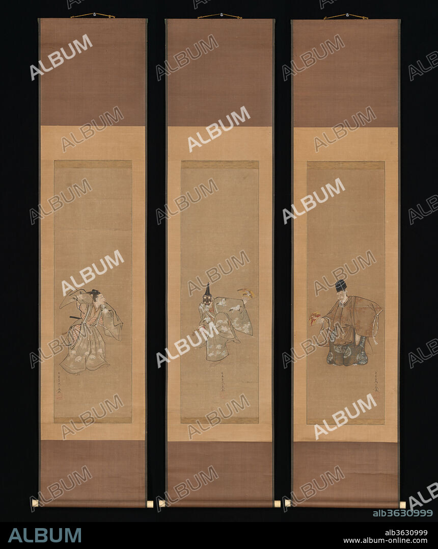 The Auspicious Noh Dance "Okina". Artist: Toriyama Sekien (Japanese, 1712-1788). Culture: Japan. Dimensions: Image (a): 34 5/16 × 10 3/4 in. (87.2 × 27.3 cm)
Overall with mounting (a): 67 5/16 × 15 in. (171 × 38.1 cm)
Overall with knobs (a): 67 5/16 × 16 3/4 in. (171 × 42.5 cm)
Image (b): 34 1/2 × 10 15/16 in. (87.6 × 27.8 cm)
Overall with mounting (b): 67 1/16 × 15 1/16 in. (170.3 × 38.3 cm)
Overall with knobs (b): 67 1/16 × 16 5/8 in. (170.3 × 42.2 cm)
Image (c): 34 1/2 × 10 11/16 in. (87.6 × 27.2 cm)
Overall with mounting (c): 67 5/16 × 15 in. (171 × 38.1 cm)
Overall with knobs (c): 67 5/16 × 16 5/8 in. (171 × 42.3 cm). Date: ca. 1790-95.
Three dancers perform movements from the ritualized dance called Okina, literally, "Old Man," or Sanbaso. Performed before the formal program of Noh plays begins, it is a dance without narrative content that is reserved for special occasions such as New Year's festivities, prayers for prosperity of the nation, and ceremonies to purify the site of a Shinto shrine.
On the right is the protagonist Okina, wearing the white mask of an old man and donning an over-robe (kariginu) decorated with a tortoiseshell pattern, a symbol of longevity. The cranes and tortoises that adorn the costumes of the two other dancers are also emblems of longevity. The black mask and the bells held by the dancer on the center scroll identify him as Sanbaso, "the third old man." On the left is Okina's young male companion, Senzai, meaning "a thousand years of age."  
The artist Toriyama Sekien was trained in the Kano school, but he also created designs for woodblock prints and book illustrations and was the teacher of the celebrated ukiyo-e artist Kitagawa Utamaro (1753-1806).