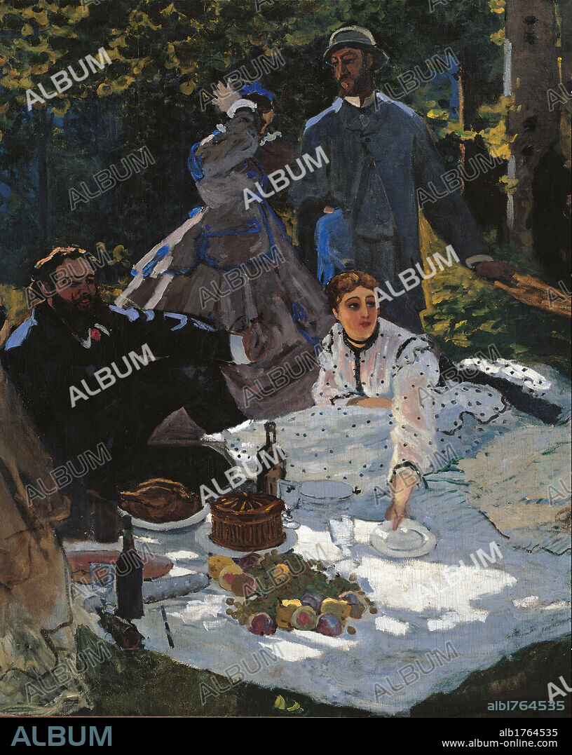 The Breakfast in the Greenery, by Claude Monet, 1865-1866, 19th Century, oil on canvas, cm 248 x 271. France, Ile de France, Paris, Muse dOrsay. Detail. Le Le Djeuner sur lHerbe The Lunch on the Grass preparatory canvas group of figures round a table cloth on the meadow, centre, bottle dishes fruit roasted chicken grape picnic cake pear bread.