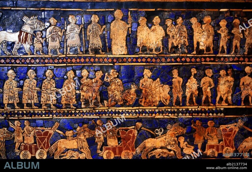 From the Standard of Ur (Peace side). Sumerian artefact (circa 2600 BC) excavated from the royal tomb in the city of Ur in the 1920's. South of what is now Baghdad in Iraq. It is an historical account of ancient warfare, and shows a king, subjects, musicians, soldiers and animals. (Photo by: Universal History Archive/UIG via Getty Images).