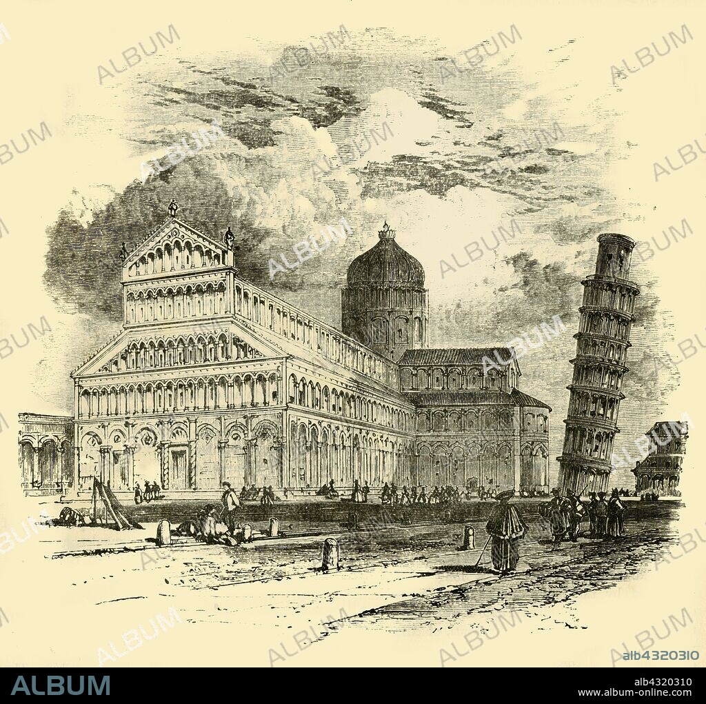 'The Cathedral and Leaning Tower, Pisa', 1890. Pisa Cathedral begun in 1063 by architect Buscheto and the Leaning Tower of Pisa, freestanding bell tower, of the cathedral on Piazza dei Miracoli. From "Cassell's Illustrated Universal History, Vol. IV - Modern History", by Edmund Ollier. [Cassell and Company, Limited, London, Paris and Melbourne, 1890].