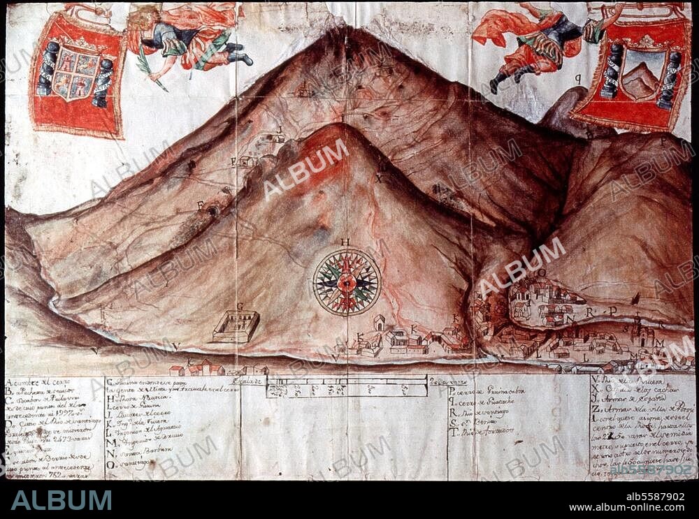 Potosi (Bolivia). View of the town Potosi with the mountain range "Cerro Rico" (rich in silver). (top left the Spanish flag and right the flag of the town Potosi). Watercolour, 18th century. Potosi, Museo de la Casa de la Moneda.