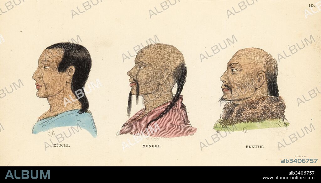 Manchu (Niuchi) man, Mongol with moustache and pigtail, and Eleuth Mongol man. Handcoloured steel engraving by Lizars after an illustration by Charles Hamilton Smith from his Natural History of the Human Species, Edinburgh, W. H. Lizars, 1848.