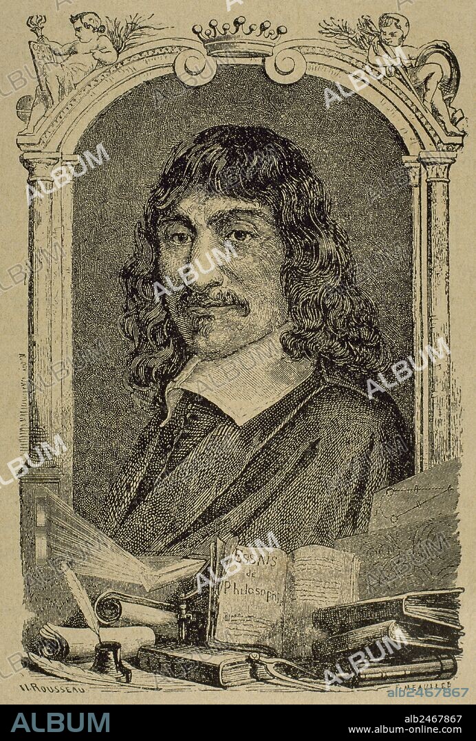 DESCARTES, René (La Haye, Turena, Francia, 1596-Estocolmo,1650). Filósofo francés. Autor del célebre "Discurso del método". Grabado por Rousseau.