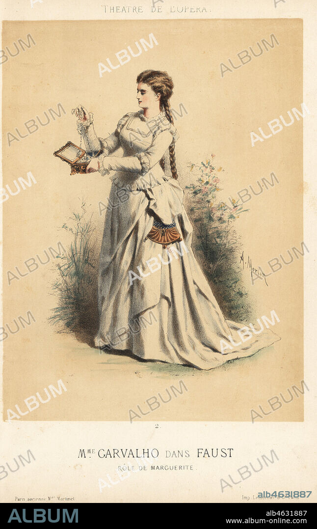 Marie Caroline Miolan-Carvalho, French soprano, in the role of Marguerite in Charles Gounod's Faust at the Theatre de l'Opera, 1870s. Handcoloured lithograph by A. Morlon published by Martinet, Paris, 1870s.