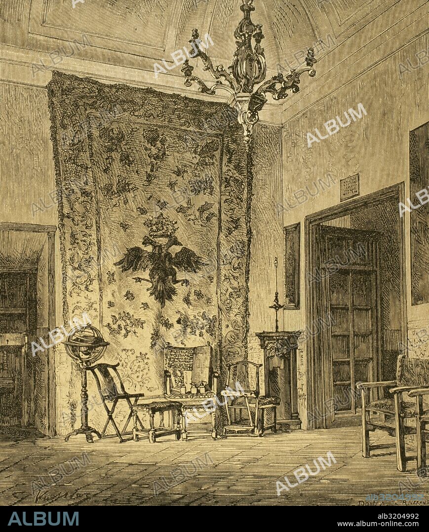 Room of Philip II (1527-1598), king of Spain between 1556-1598, in the Royal Site of San Lorenzo de El Escorial. Engraving. "La Ilustracion Iberica", 1883.