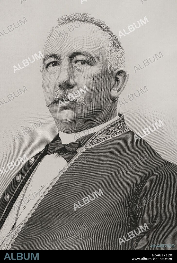 Germán Gamazo Calvo (1840-1901). Político liberal español. Ministro de Fomento (enero a octubre de 1833) durante el reinado de Alfonso XII. Ministro de Hacienda (1892) y de Ultramar durante la regencia de María Cristina de Habsburgo-Lorena (1885-1902). Retrato. Grabado por Matute. La Ilustración Española y Americana, 1898.