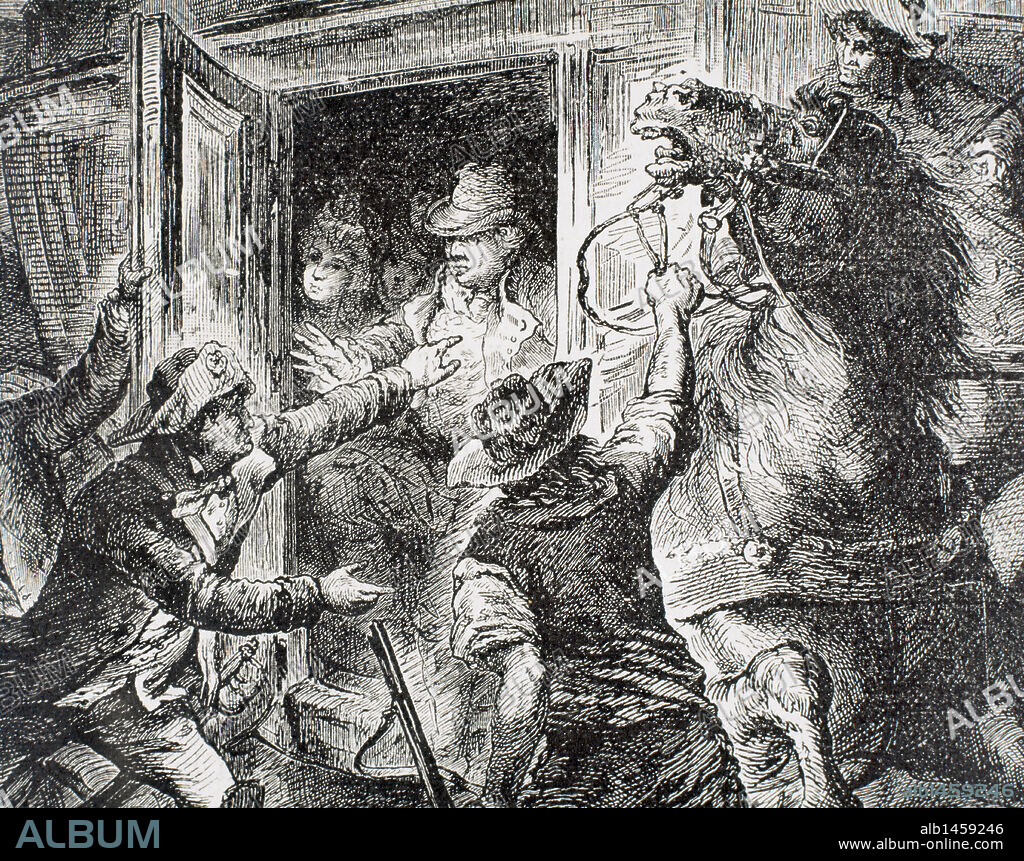 ADOLF CLOSS. Detention of Louis XVI at Varennes while traveling abroad to seek help, in June 1791. Brought back to Paris swore allegiance to the Constitution, which recognized him as a monarch with limited powers. Engraving.