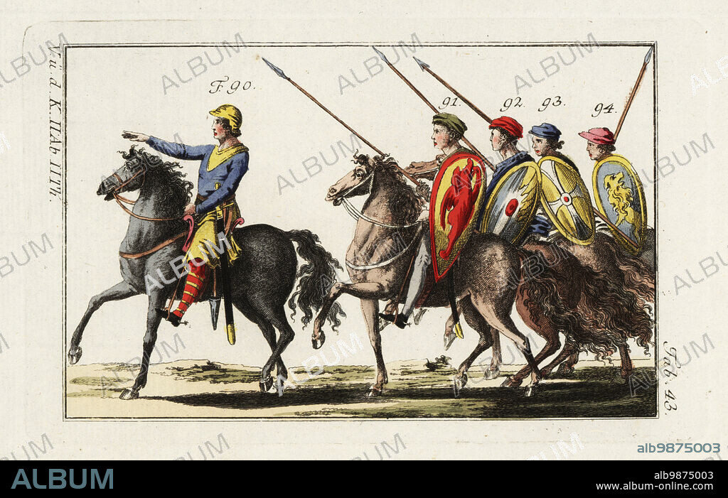 Officer and soldiers of Guy I, Count of Ponthieu, 11th century. Officer 90 and cavalry 91-94. Common soldiers were dressed in shirt, short pants (culottes) and shoes. They had a sword hanging from the belt, and wore hats 91, 92, 93, 94. The shields were painted with various heraldic figures. Handcolored copperplate engraving from Robert von Spalart's Historical Picture of the Costumes of the Principal People of Antiquity and Middle Ages, Vienna, 1802.