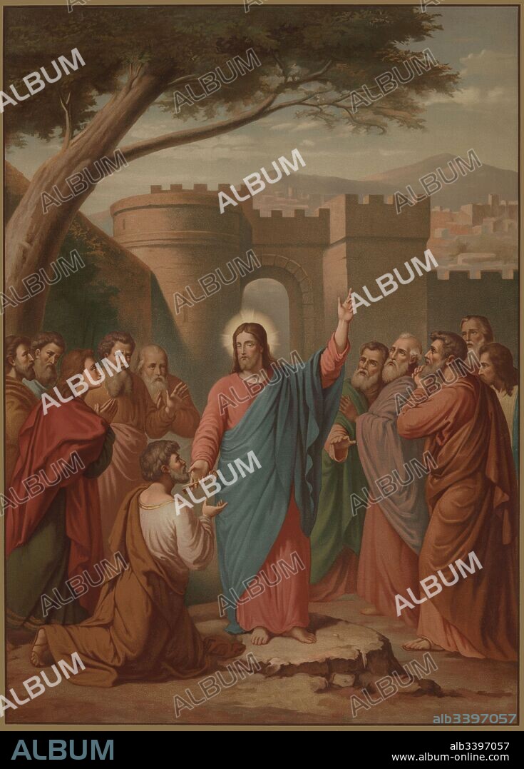 Historia Sagrada. Jesucristo entrega las llaves a San Pedro como continuador de su iglesia en presencia de sus discípulos. Cromolitografía francesa del siglo XIX.