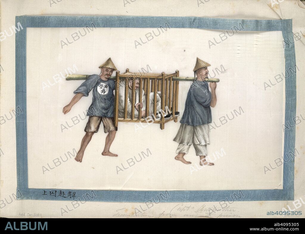 Captain Anstruther. Album containing 12 paintings illustrating Chinese. 1840 - 1860. Capt. Anstruther. Transporting from and to prison'. In a wooden cage. Capt. Philip Anstruther (1807-84) was in charge of a detachment of Madras Artillery in the Anglo-Chinese war of 1840-41. He was captured by the Chinese on 15th September 1840, and transported about the country in a wooden cage. Gouache on pith paper. China/Canton style.  Image taken from Album containing 12 paintings illustrating Chinese punishments. Hastings Albums.  Originally published/produced in 1840 - 1860. . Source: Add.Or.5189,. Language: Chinese and English.