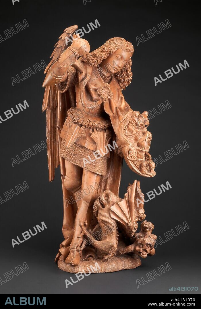 Saint Michael and the Devil. Spanish. Date: 1470-1505. Dimensions: 52.4 × 22.9 × 21.3 cm (20 5/8 × 9 × 8 3/4 in.). Poplar, formerly polychromed and gilded. Origin: Seville.