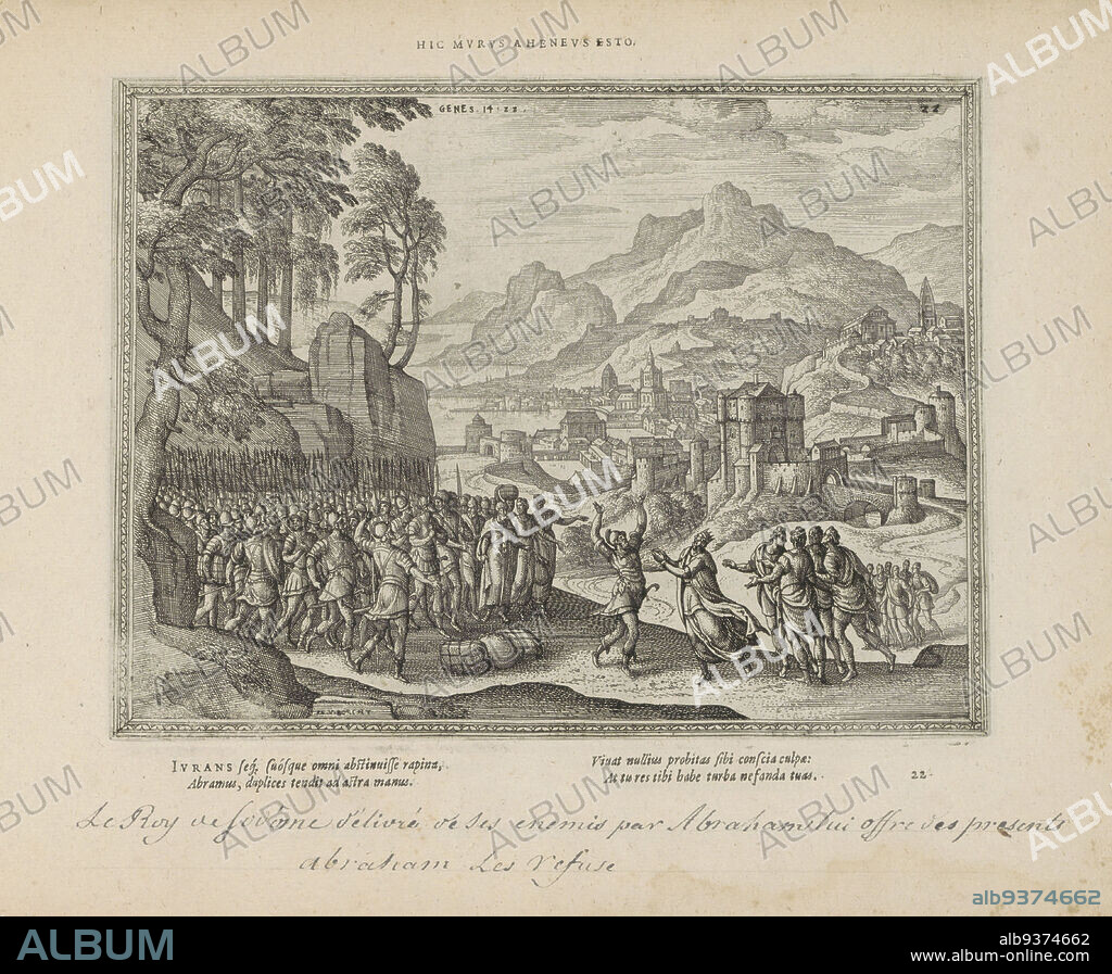 Abraham and the king of Sodom, Hic murus aheneus esto (title on object), Emblemata Sacra è praecipuis utriusque testamenti historiis concinnata (Old Testament) (series title), Imagines et figurae bibliorum (series title), The king of Sodom meets Abraham in the Valley of Sawe, or the Valley of the Kings (Gen. 14:22). With a motto in Latin above the image and a four-line caption in Latin below the print. The print is part of an album., print maker: Pieter van der Borcht (I) (mentioned on object), Bernardus Sellius, print maker: Antwerp, publisher: Amsterdam, 1582 - 1593 and/or 1613, paper, letterpress printing, etching, height 186 mm × width 247 mm.