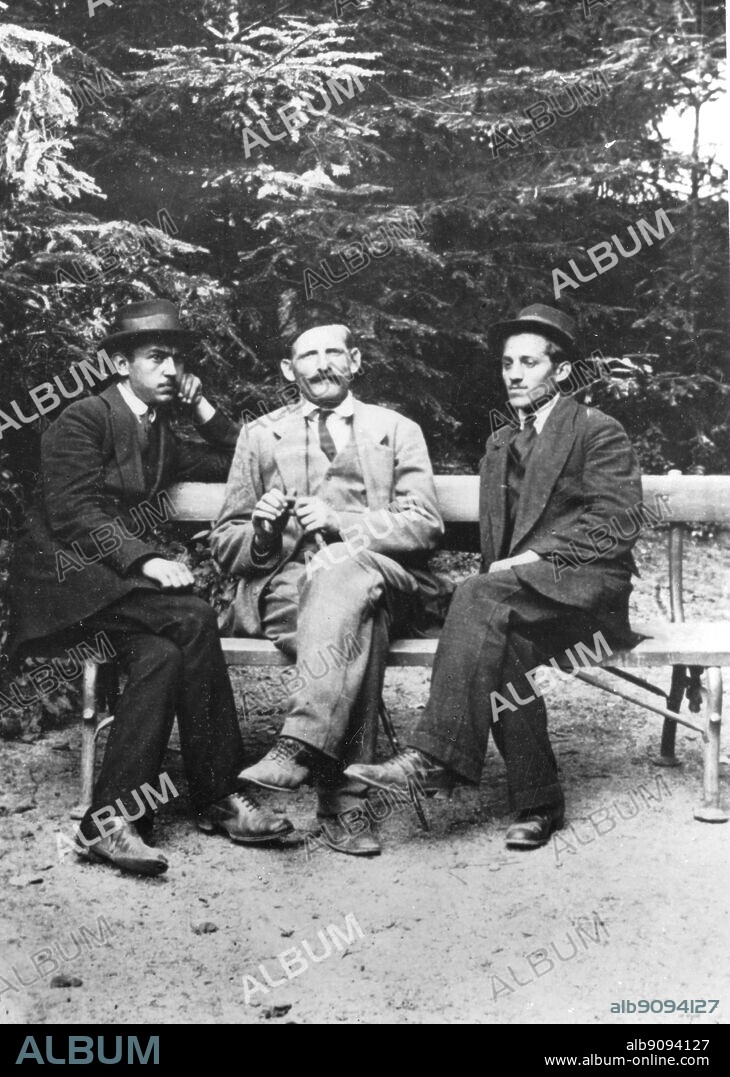 Milan Ciganovic. The assassination of Archduke Francis-Ferdinand in Sarajevo. Photo shows three accomplices : Gavrilo Princip, Ciganovic and Cabrinovic before the attack of June 28, 1914.