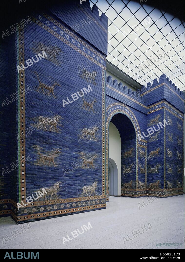 The Ishtar Gate, the main gate of Babylon built during the reign of Nebuchadnezzar II (605-562 BCE). Glazed tiles with mythical animals, bulls and griffins. The gate was dedicated to the goddess Ishtar, a mother-and love goddess related to Astarte and Tanit.