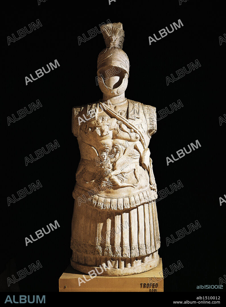 Roman civilization, 1st century b.C. Statue of Trophy of arms, with the parade armour of a Roman officer. From Rhodes, Greece.