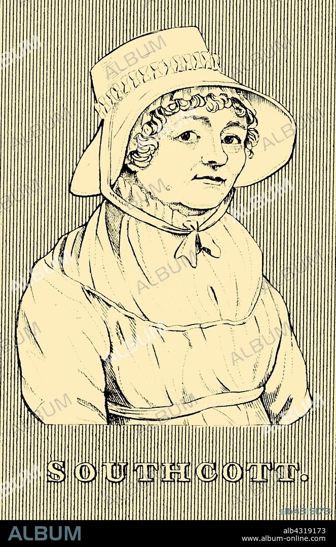 'Southcott', (1750- 1814), 1830. Joanna Southcott (1750- 1814) self-described religious prophetess, dismissed as a domestic servant she joined the Wesleyan Church and announced herself a Woman of the Apocalypse. Called to London by  William Sharp to sell 'seals of the Lord' for eternal life, at 64 affirmed she was pregnant and would deliver the new Messiah. From "Biographical Illustrations", by Alfred Howard. [Thomas Tegg, R. Griffin and Co., J. Cumming, London, Glasgow and Dublin, 1830].