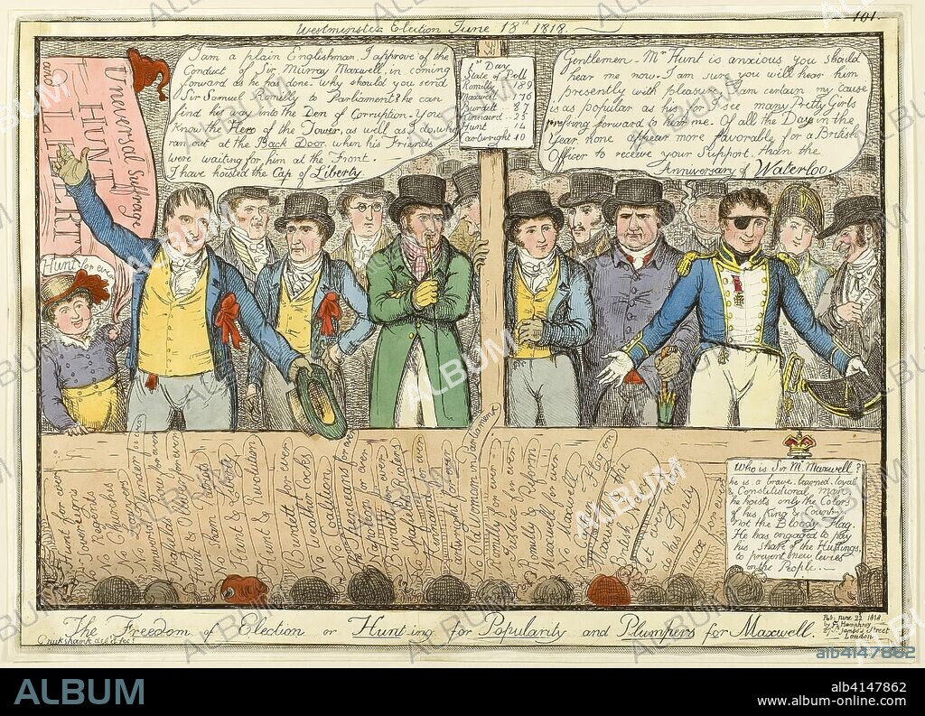The Freedom of Election. Isaac Robert Cruikshank (English, 1789-1856); published by George Humphrey (English, c. 1773-1831). Date: 1818. Dimensions: 254 × 357 mm (image); 265 × 367 mm (sheet cut within plate mark). Hand-colored etching on paper. Origin: England.